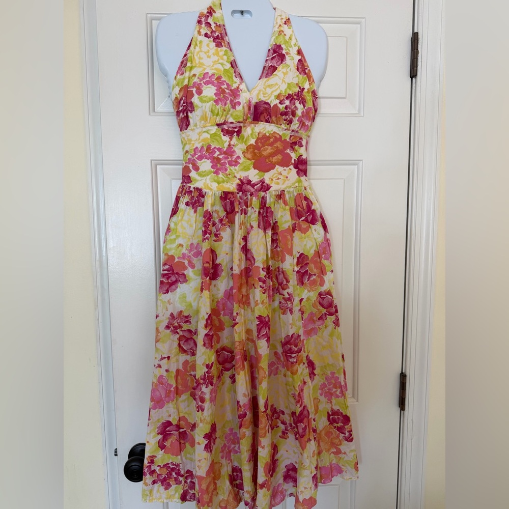 Luna Luz Floral Halter Midi Dress | Size Small | Cotton | Pink Yellow